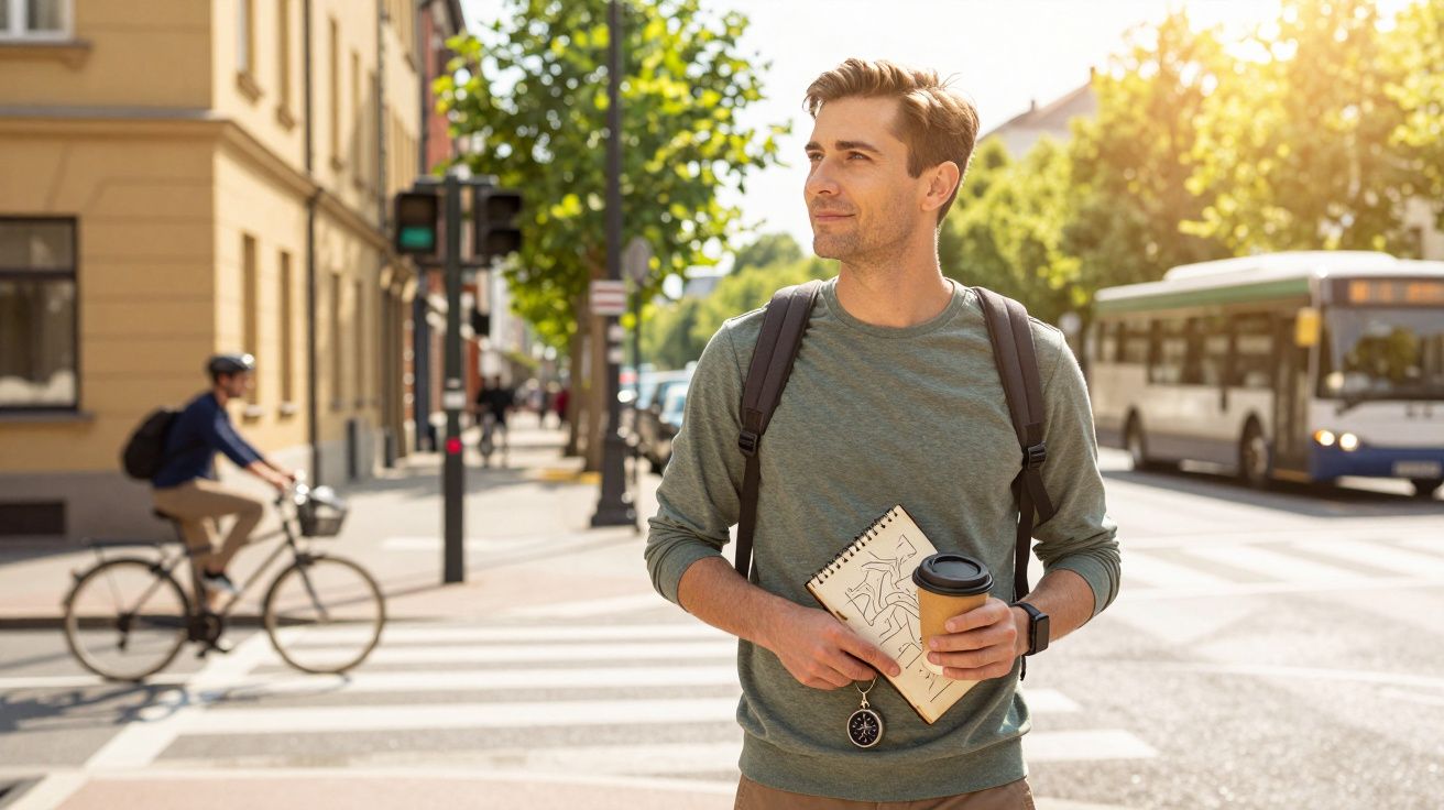 Hombre con mochila y café cruzando la calle; ciclista y autobús al fondo en día soleado.