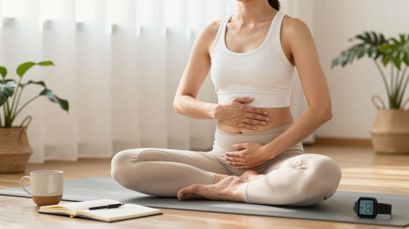Mujer meditando en postura de loto en una sala iluminada, con plantas, cuaderno y taza cerca. Lleva ropa deportiva clara.