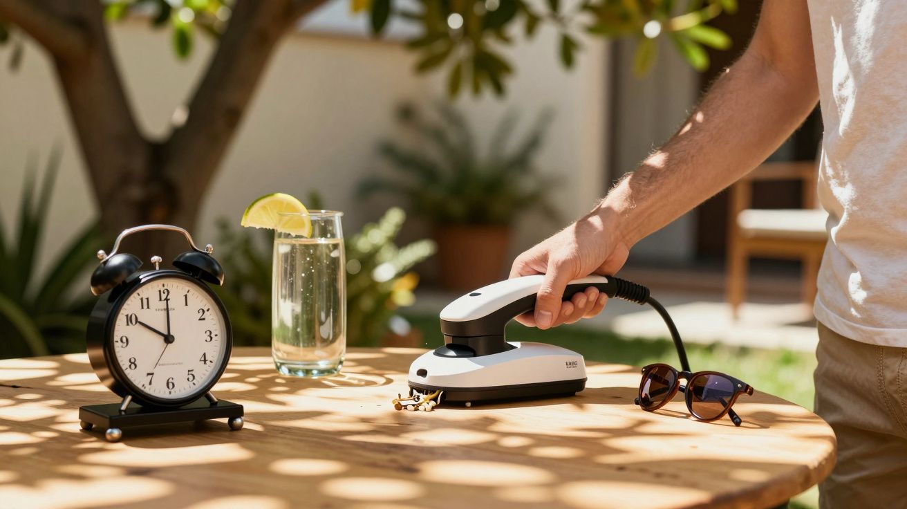 Reloj despertador, bebida con limón, y plancha sobre mesa de madera al aire libre; persona sostiene plancha.
