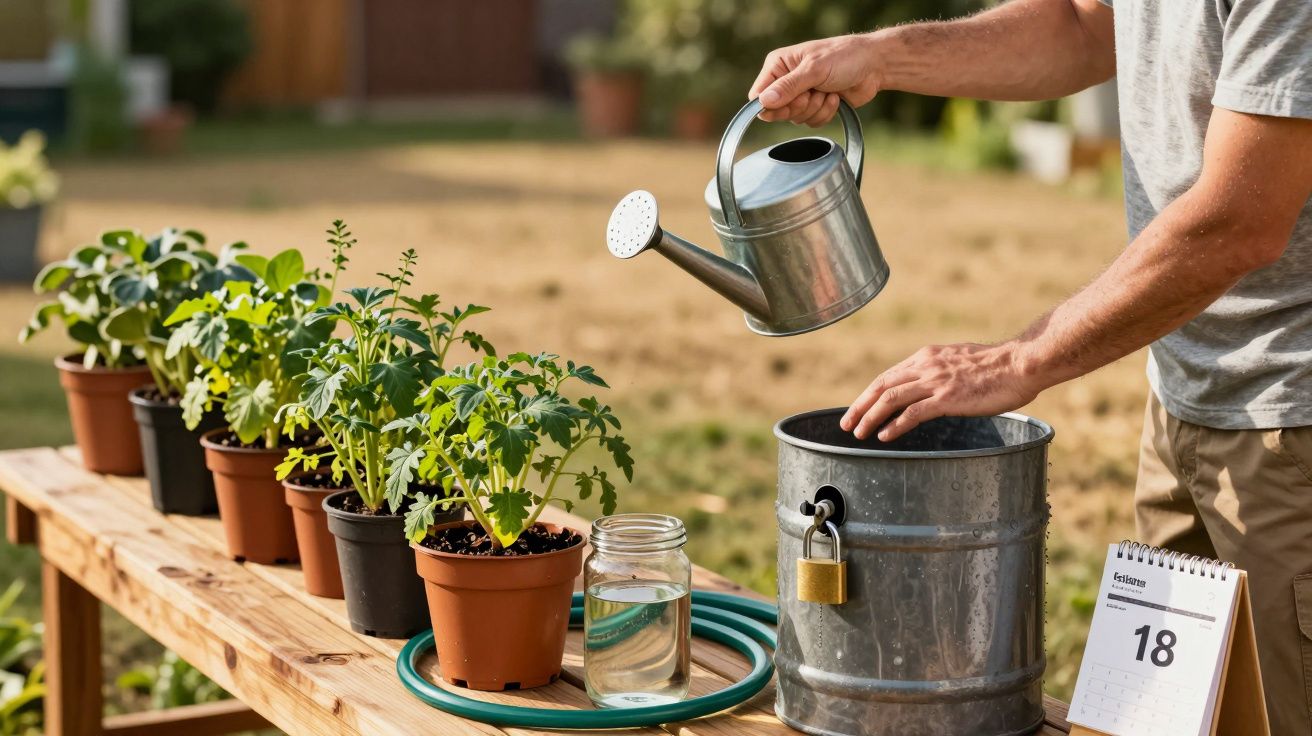 Persona regando plantas en macetas sobre una mesa de madera en el jardín, junto a un calendario y manguera.