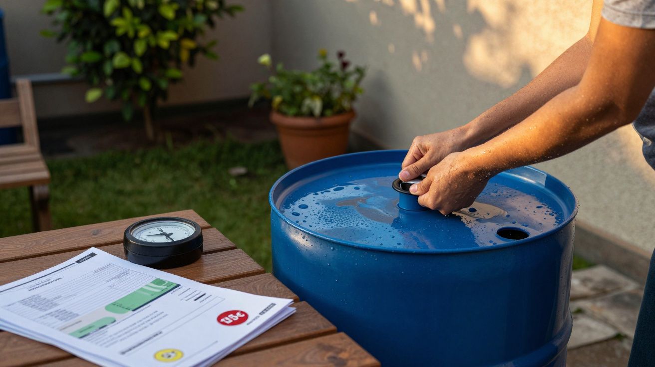 Persona cerrando un bidón azul en un jardín, con un reloj y documentos sobre una mesa cercana.