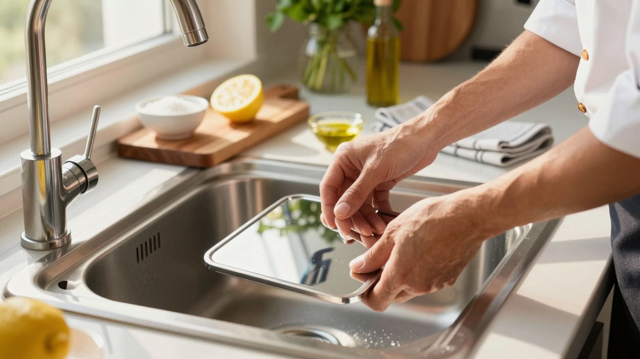 Persona lavando una tapa de cristal en el fregadero de una cocina, con limones y utensilios al fondo sobre la encimera.