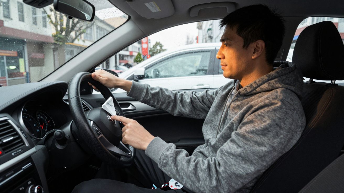 Hombre conduciendo un coche mientras llueve afuera, lleva una sudadera gris y mira la carretera con concentración.