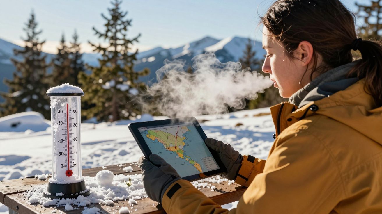 Persona en la nieve mirando tablet con mapa, al lado de un termómetro. Montañas nevadas al fondo.