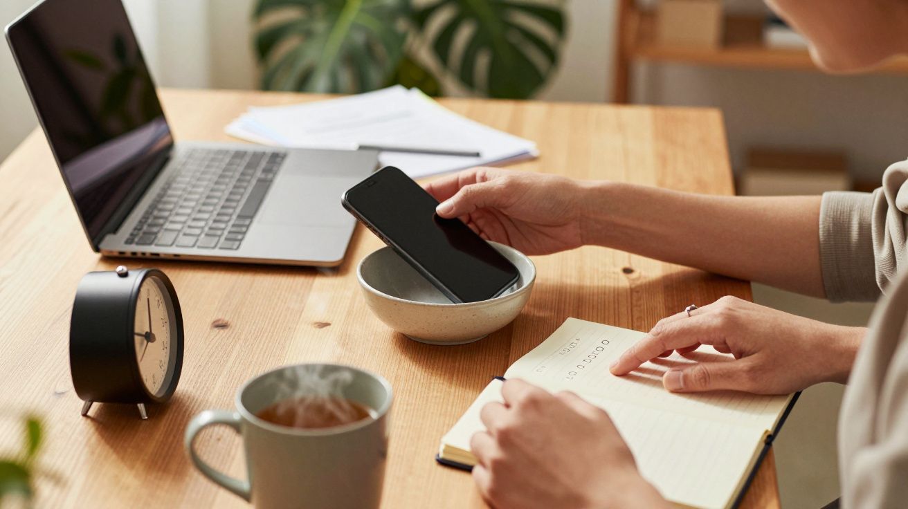 Persona escribiendo en un cuaderno frente a un portátil, con un móvil en la mano y una taza humeante sobre una mesa.