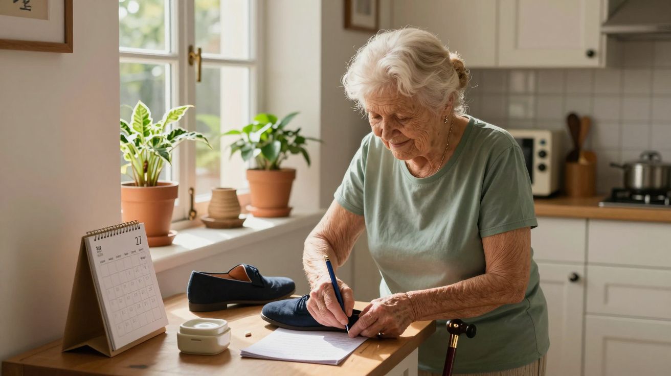 Mujer mayor escribiendo en papel en cocina luminosa, rodeada de plantas y utensilios.