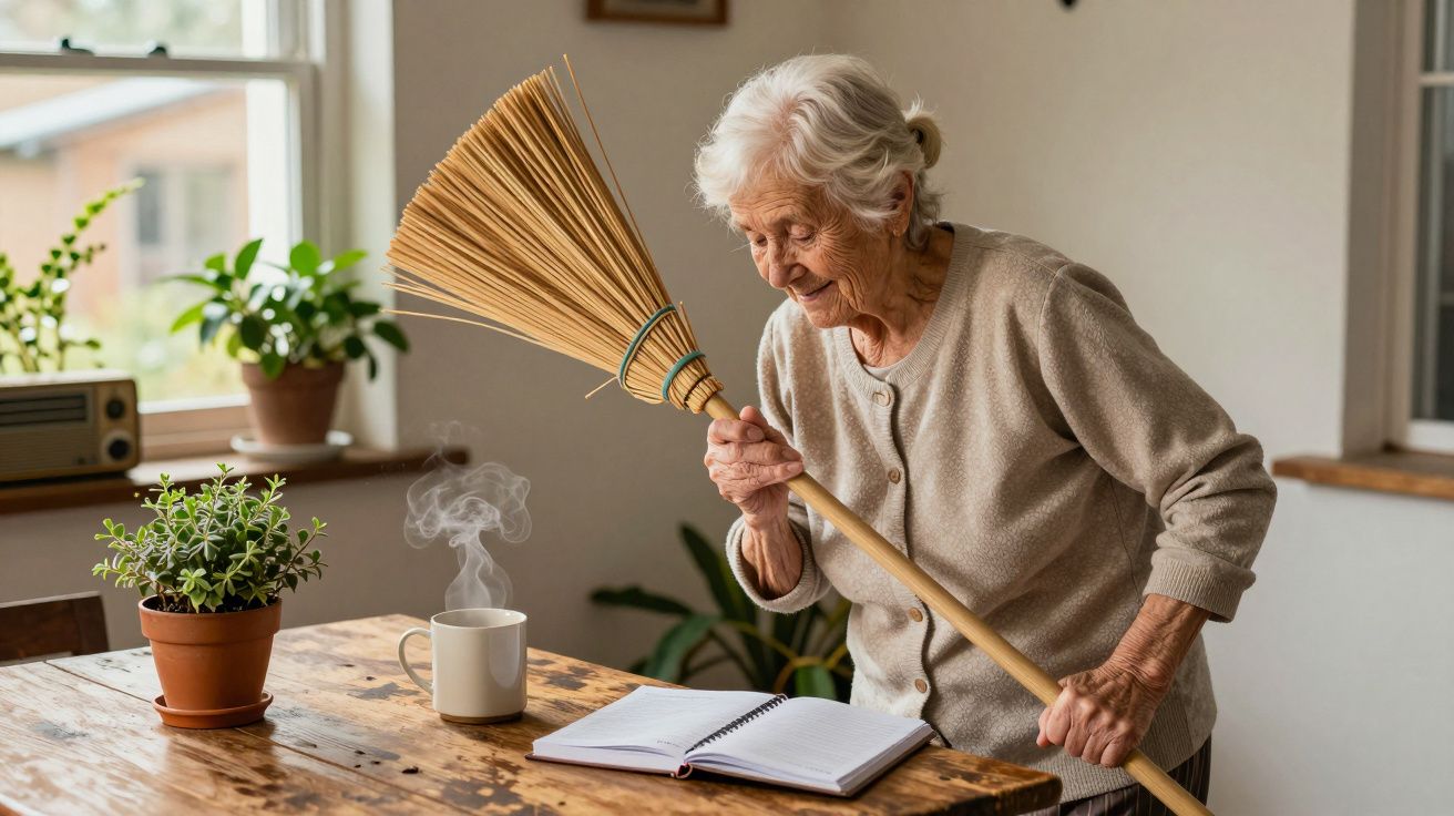 Mujer mayor con escoba en casa, junto a una mesa con planta, taza humeante y cuaderno abierto.