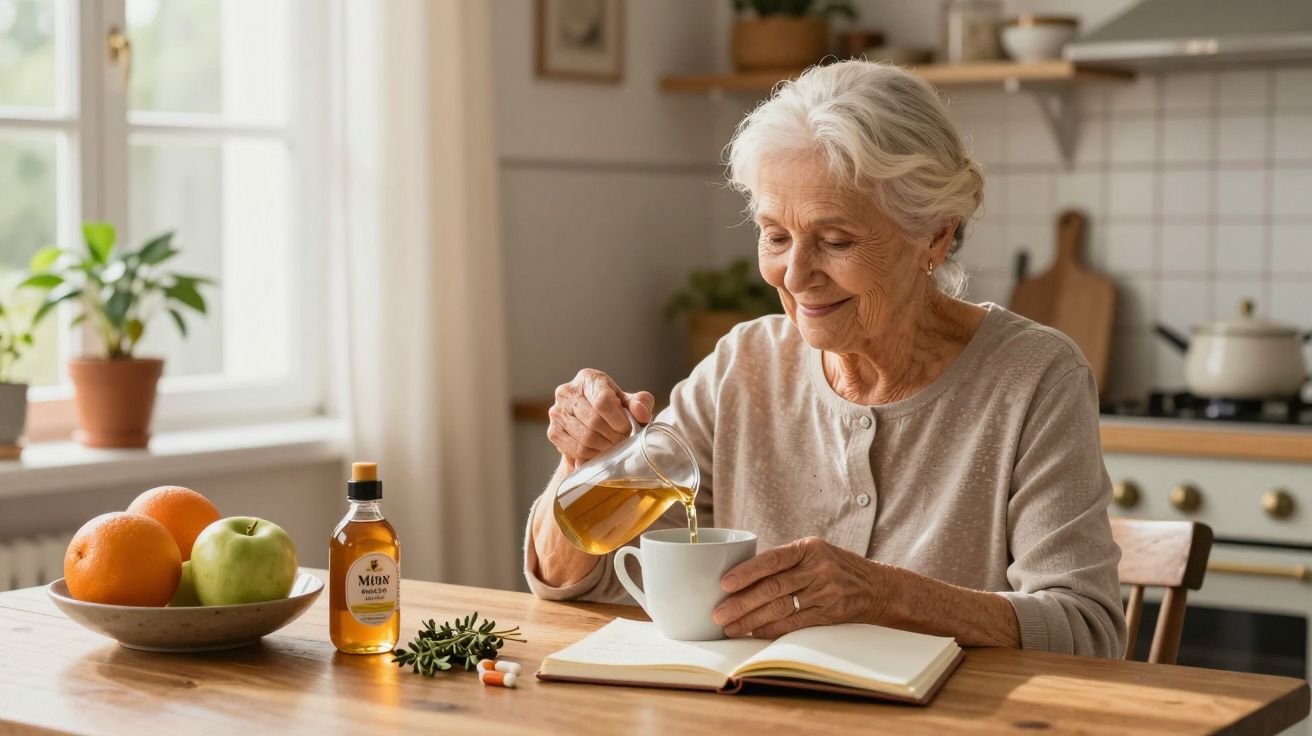 Mujer mayor vertiendo té en una taza en la cocina, con frutas y botella en la mesa, a la luz de una ventana.