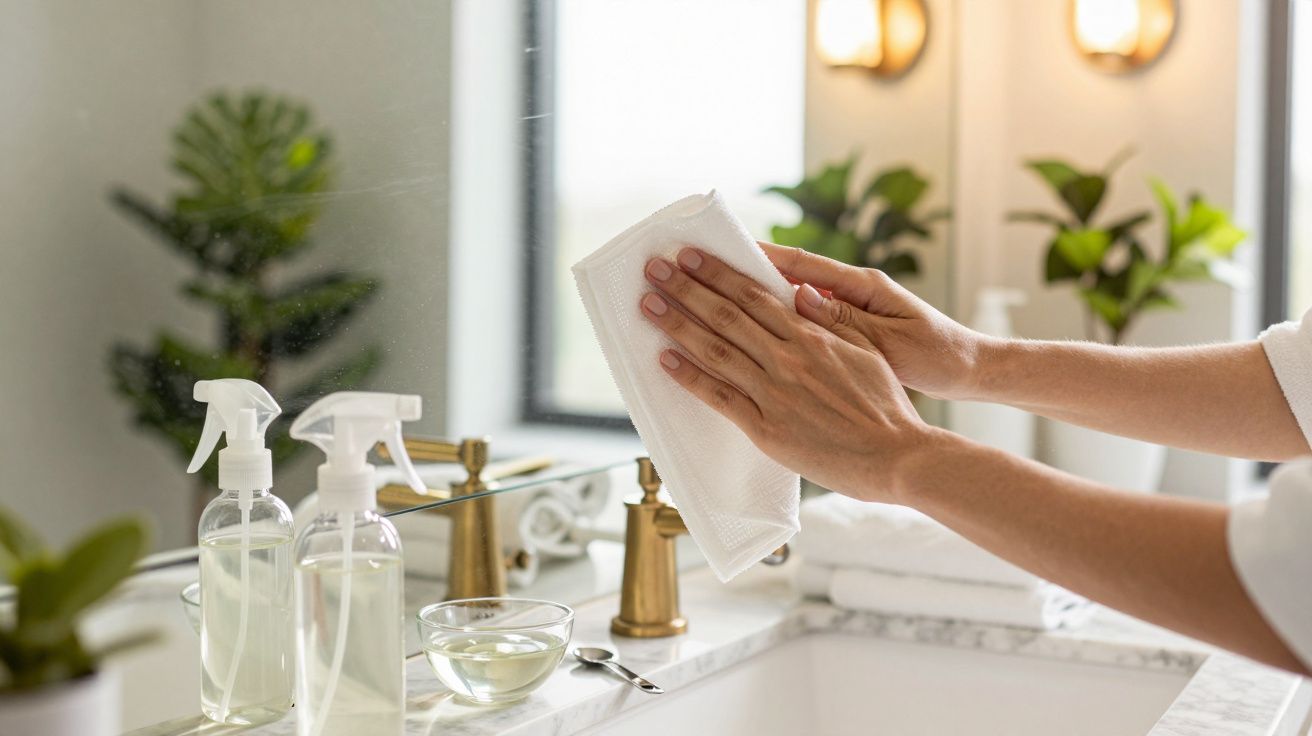 Manos limpiando un espejo de baño con paño blanco, botellas de spray y plantas en segundo plano.