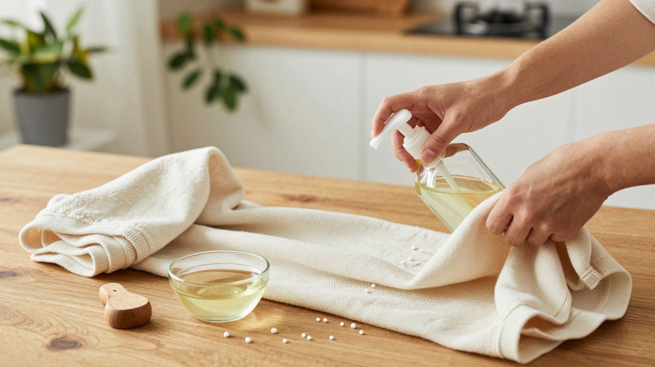 Manos limpiando una mesa de madera con paño blanco y líquido en un dispensador de spray.