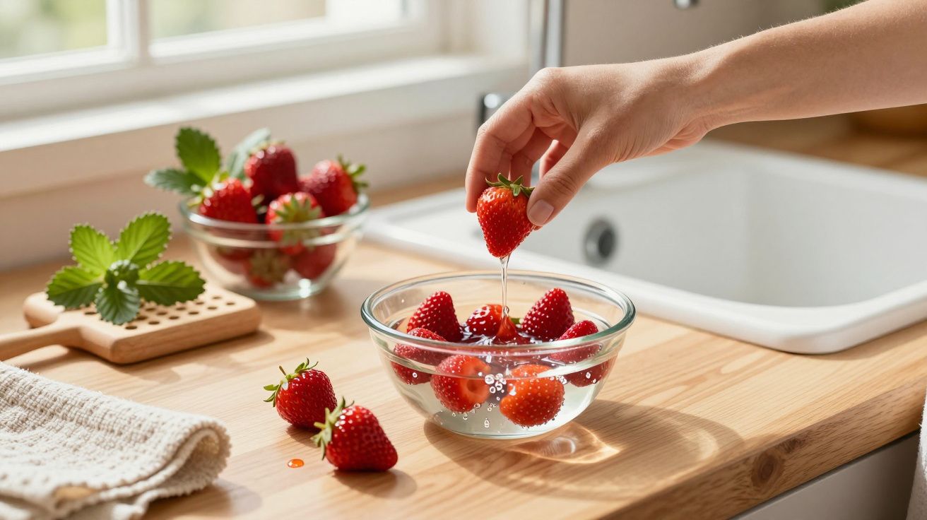 Mano sumergiendo una fresa en un cuenco de agua junto a otras en la encimera de una cocina iluminada.