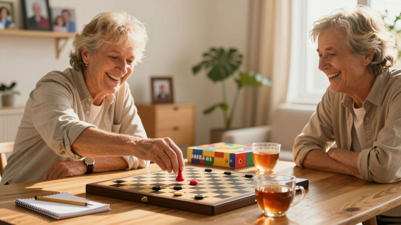 Dos personas mayores jugando a las damas en un salón luminoso, con tazas de té y una planta de fondo.