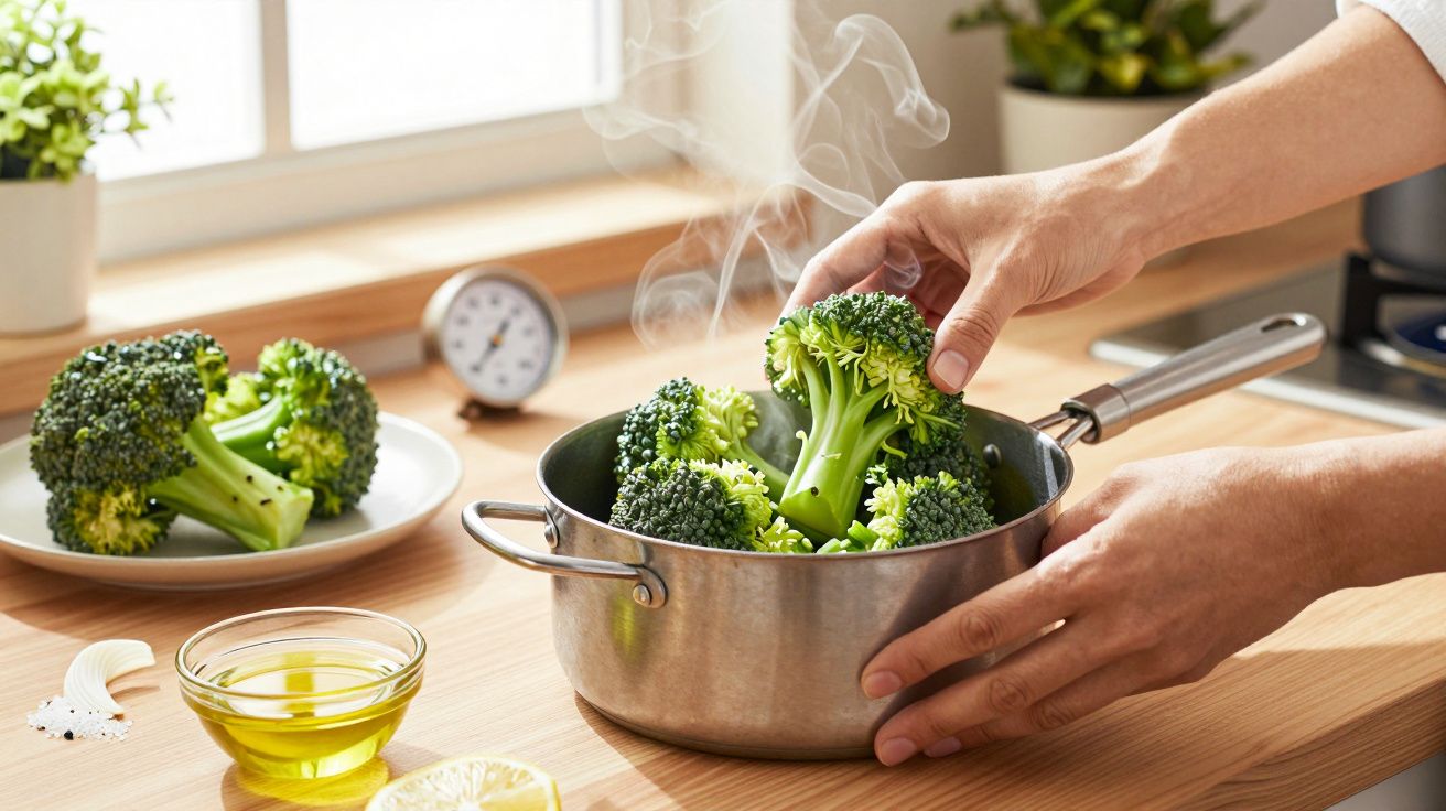Manos cocinando brócoli al vapor en una cacerola sobre la mesa de la cocina junto a aceite de oliva y limón.