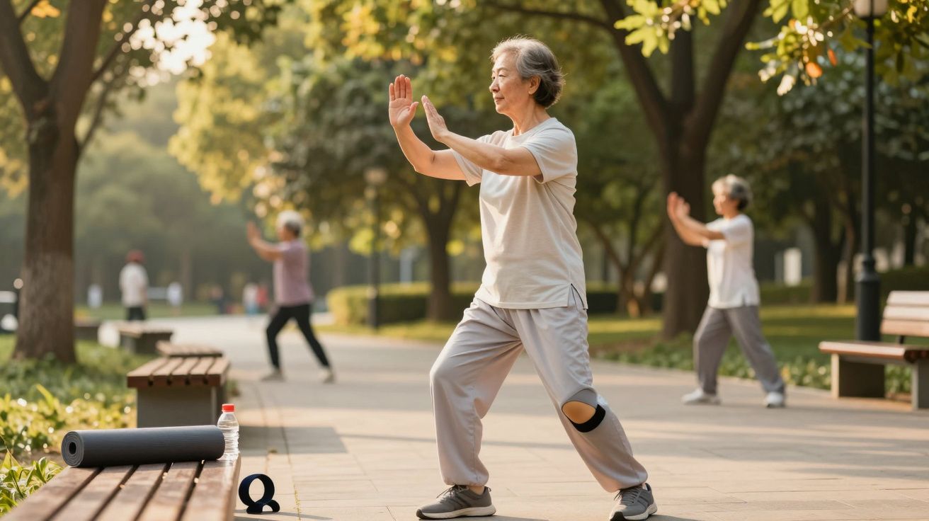 Personas mayores practicando tai chi en un parque rodeado de árboles y bancos al amanecer.