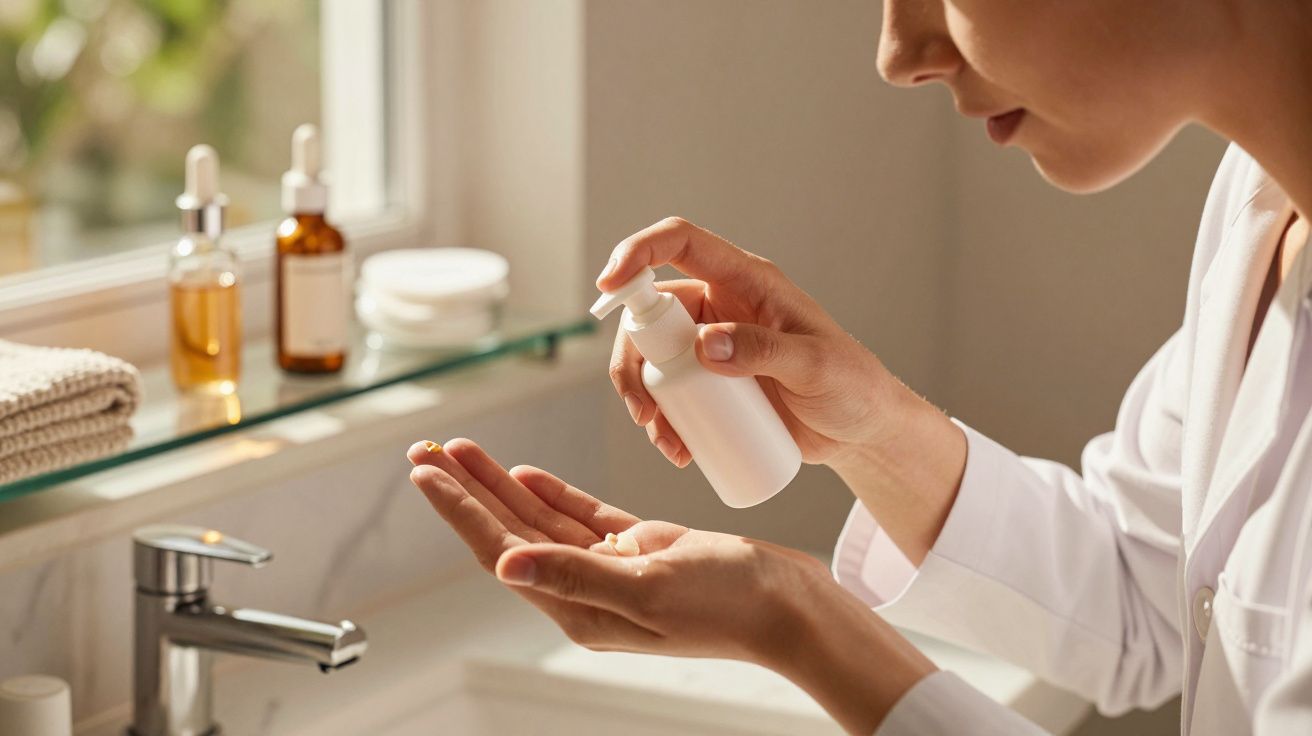 Persona aplicando loción en la mano, con productos de cuidado facial y toallas en el fondo de un baño iluminado.