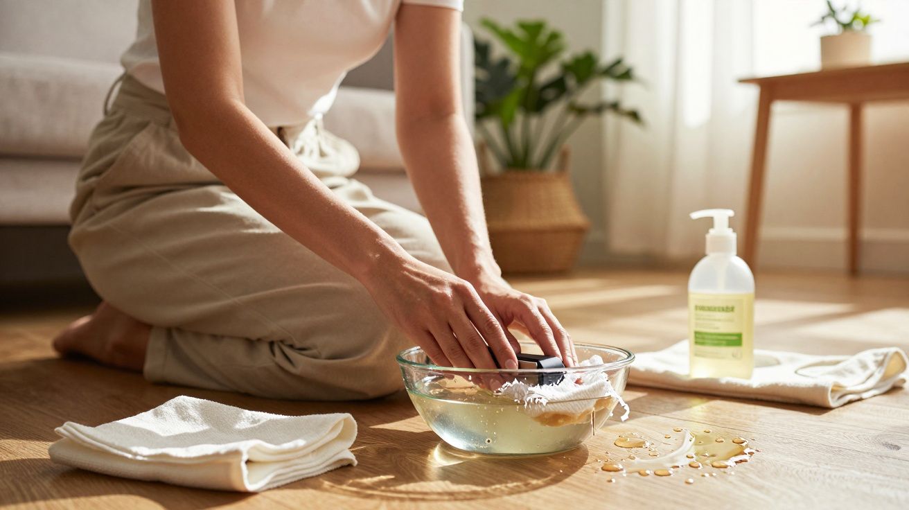 Mujer limpiando el suelo de madera con un paño y un cuenco de agua, junto a botellas y una planta decorativa.