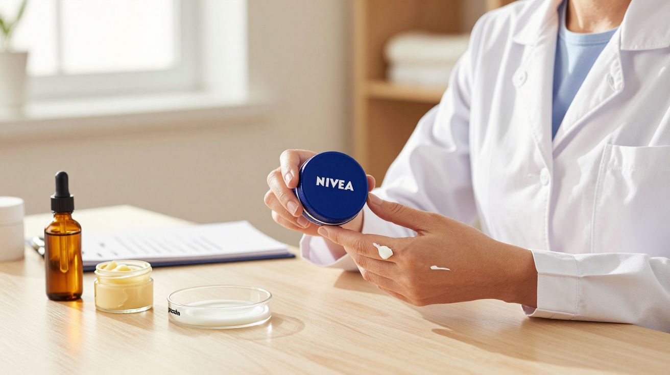 Persona con bata blanca sostiene lata de crema Nivea. Sobre la mesa hay frasco ámbar, crema en frasco y bloc de notas.