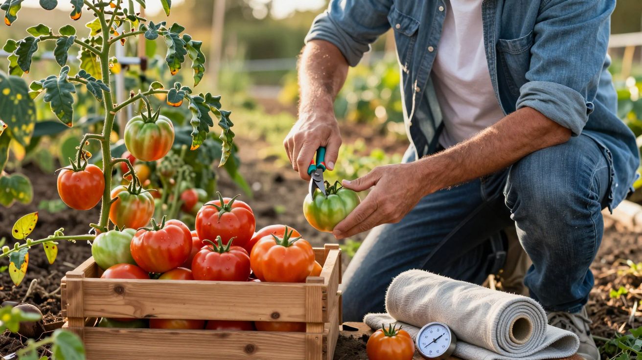 Persona cosechando tomates en huerto, colocando tomates maduros en una caja de madera, rodeado de plantas.