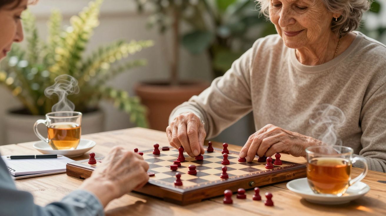 Dos personas mayores jugando al ajedrez en una mesa con tazas de té humeante y plantas al fondo.