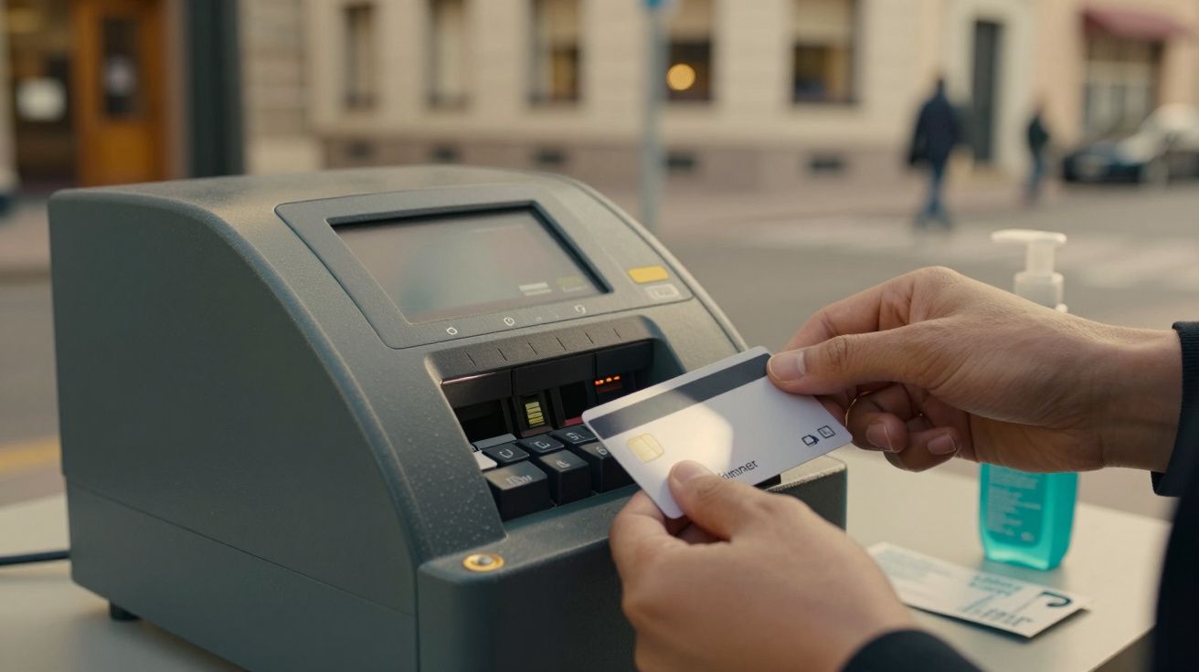 Persona insertando una tarjeta en un lector junto a gel desinfectante, en un entorno urbano.