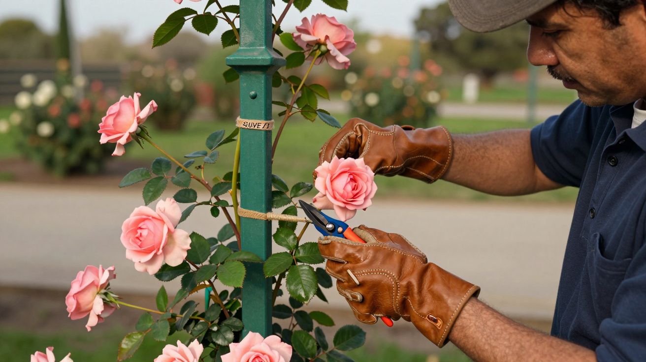 Hombre con guantes cortando rosas rosadas en un jardín, usando tijeras de podar junto a una estructura verde.
