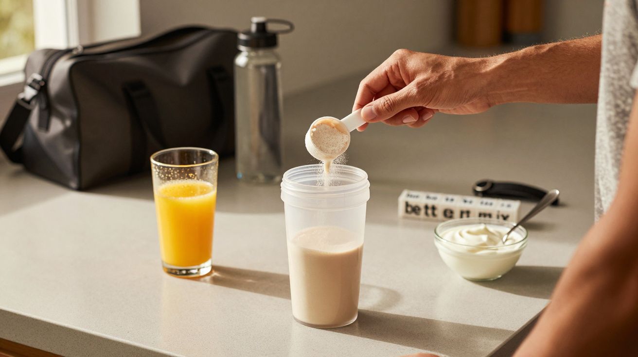 Persona añadiendo polvo a un vaso con batido, junto a un zumo, yogur y bolsa deportiva en una encimera.