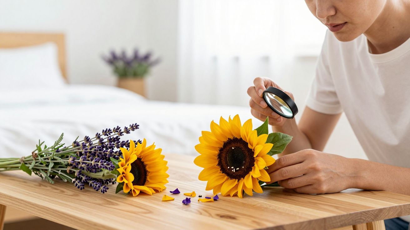 Persona examinando un girasol con lupa sobre una mesa de madera, junto a flores de lavanda.