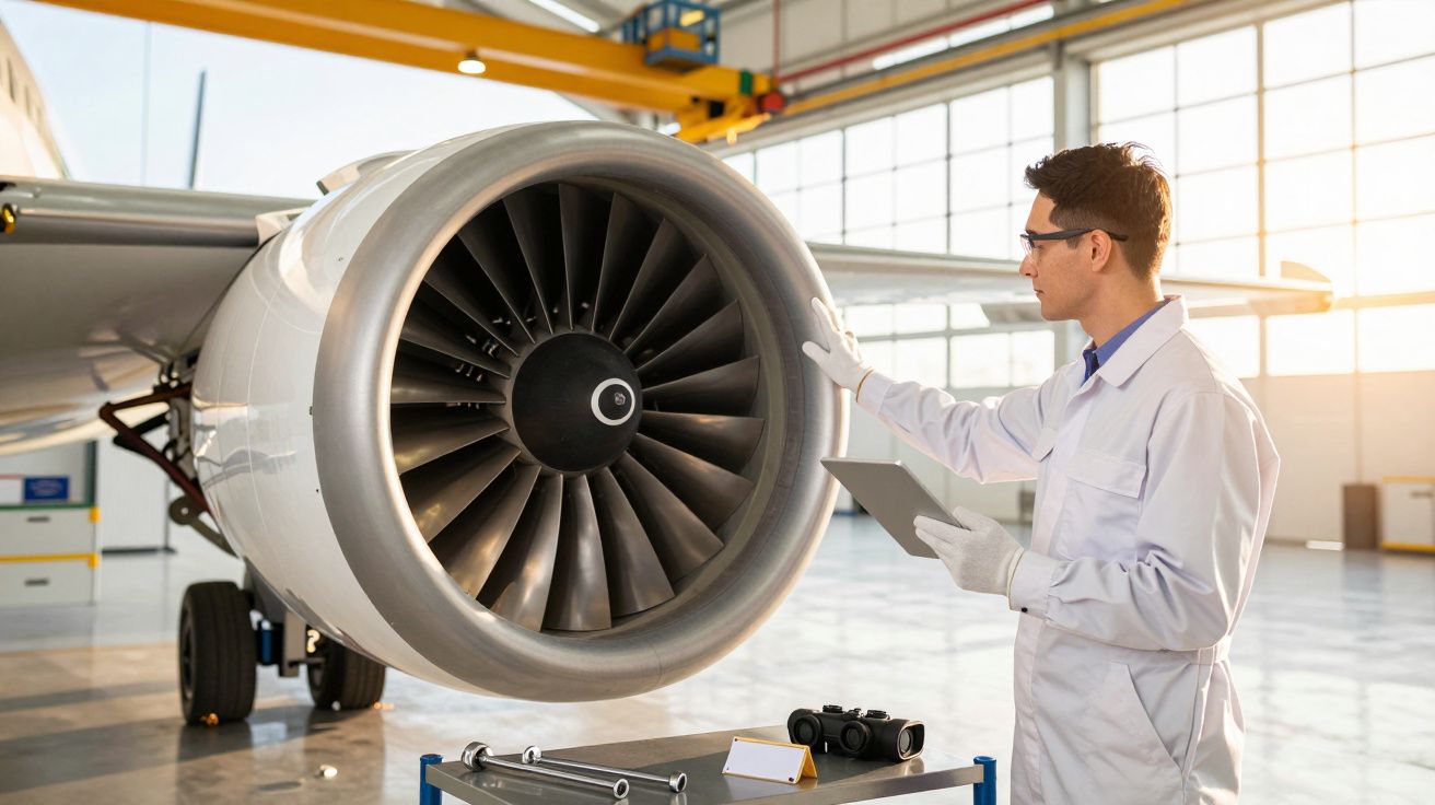 Ingeniero inspeccionando motor de avión en un hangar con una tablet, luces brillantes al fondo.