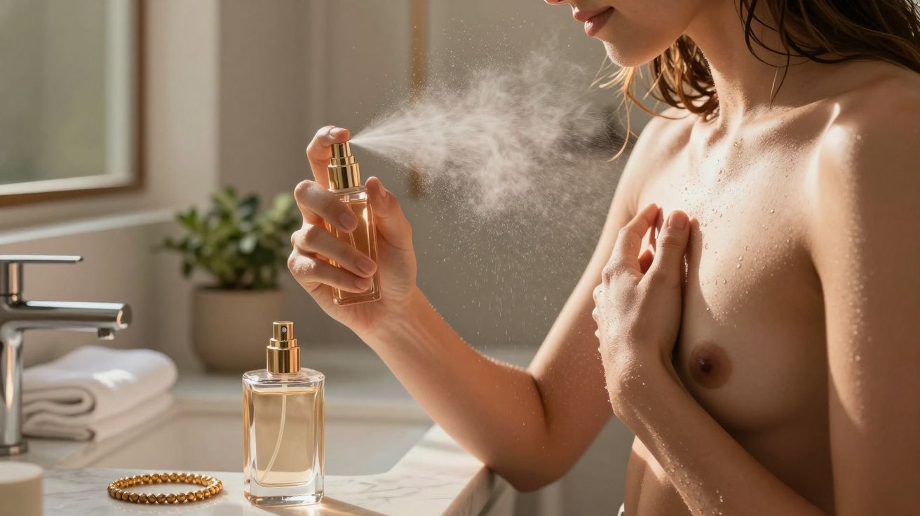 Mujer aplicando perfume desde un frasco en un baño iluminado por el sol.