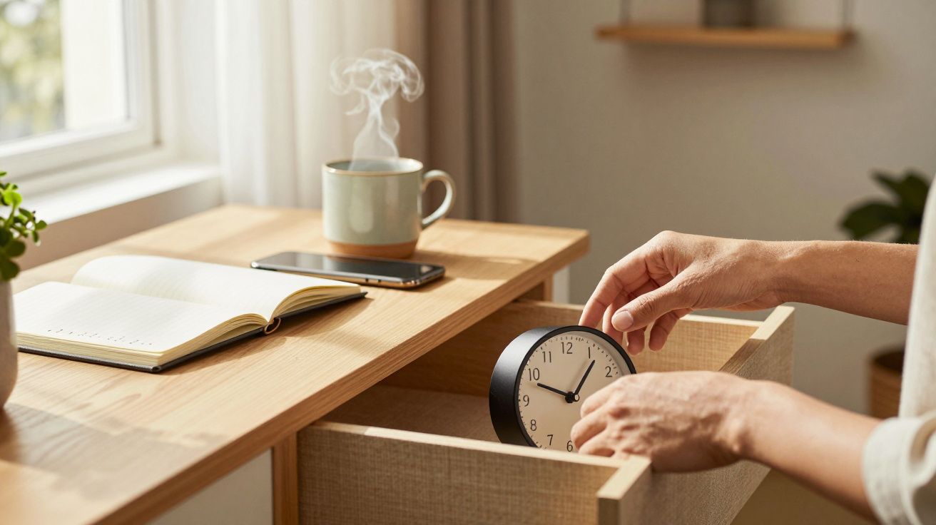 Manos guardando un reloj en un cajón. Sobre el escritorio hay una taza humeante, un cuaderno y un teléfono móvil.