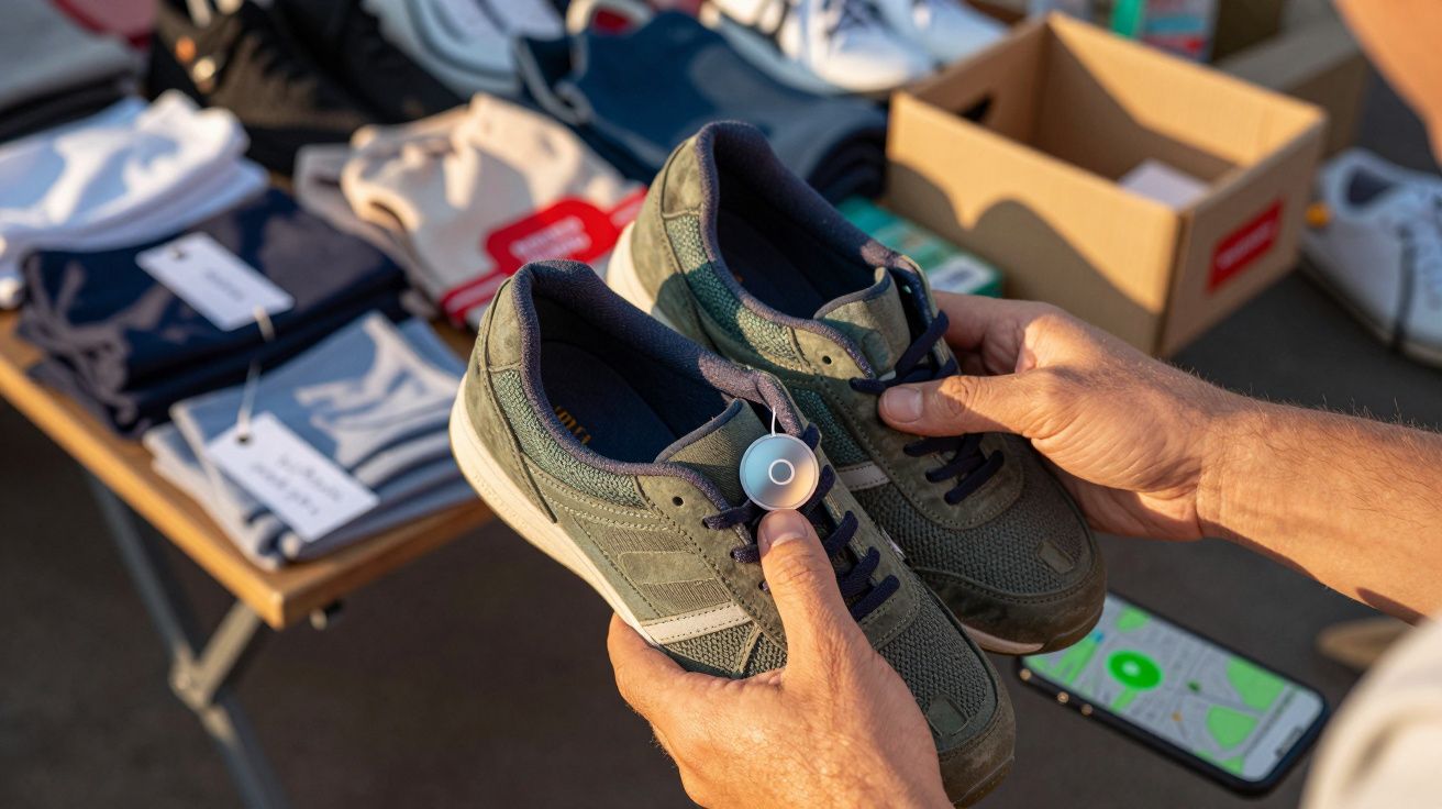 Unas manos sostienen unas zapatillas verdes con un dispositivo de rastreo, con ropa en una mesa y un móvil al fondo.