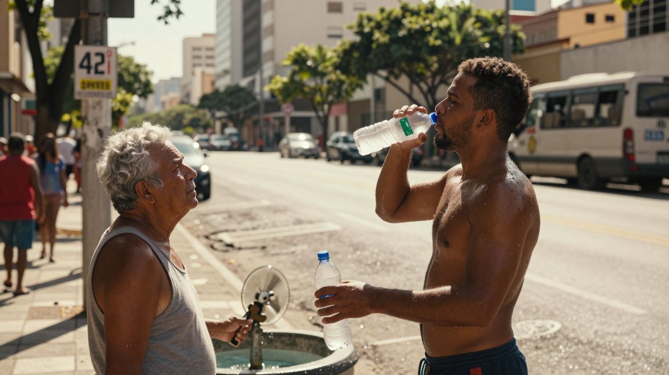Hombre joven bebe agua de una botella junto a un hombre mayor cerca de una fuente en una calle soleada de la ciudad.