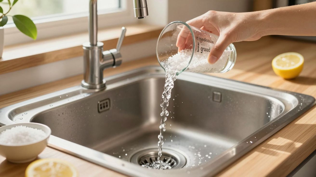 Mano vertiendo sal en un fregadero de cocina, con limones y un recipiente al lado.