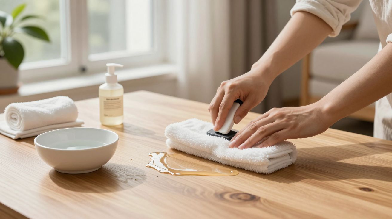 Manos limpiando líquido derramado en mesa de madera con paño blanco y utensilio de limpieza.