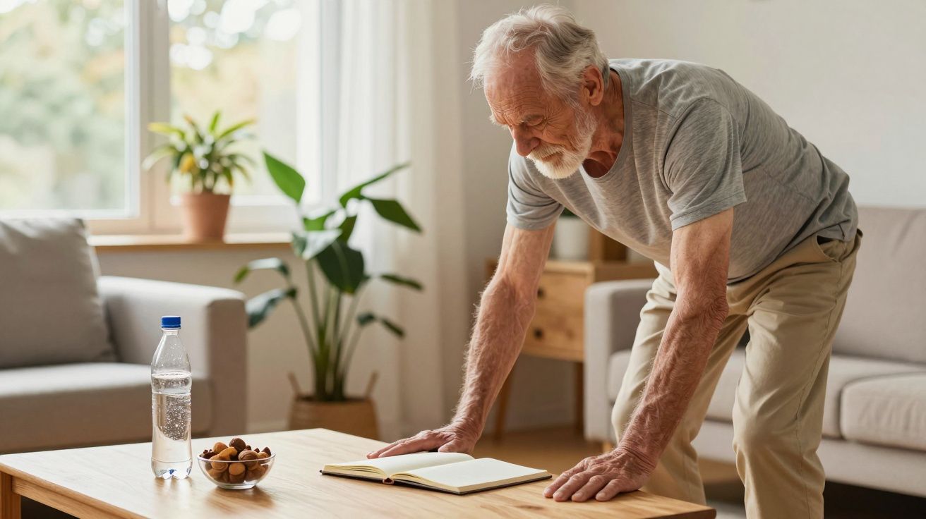 Hombre mayor leyendo en una mesa de café, rodeado de plantas y un sofá en un salón iluminado por la luz natural.