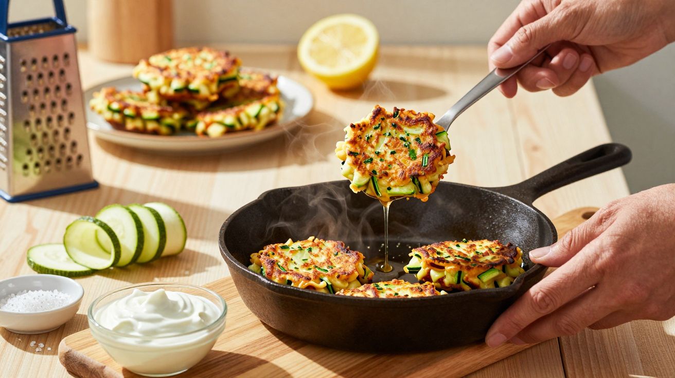 Manos cocinando tortitas de calabacín en una sartén, con ingredientes como crema, sal y calabacín en la mesa.