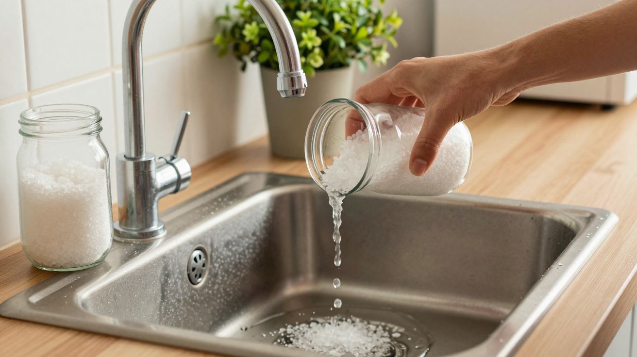 Mano vertiendo sal en un fregadero de cocina, junto a un tarro de vidrio.