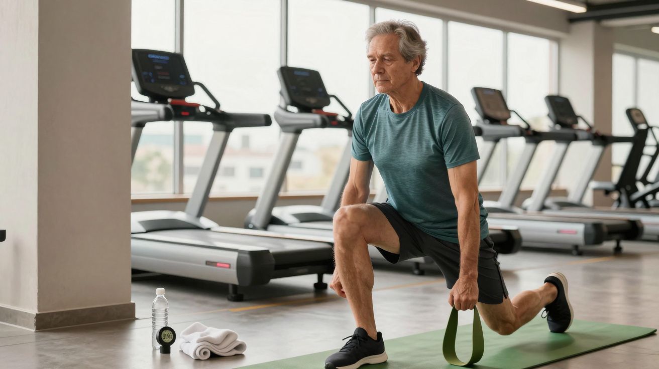 Hombre mayor haciendo ejercicio de estiramiento con banda elástica en un gimnasio, rodeado de cintas de correr.