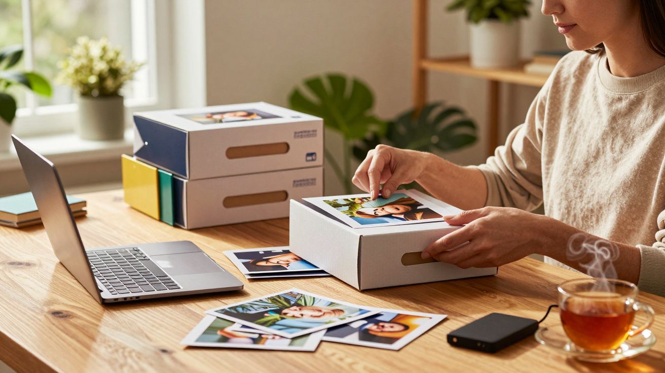 Mujer revisando fotos impresas junto a un portátil y una taza de té en una mesa de madera.
