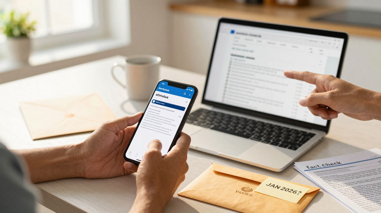 Dos personas revisan correos en un móvil y un portátil en una oficina luminosa. Sobres y documentos en la mesa.