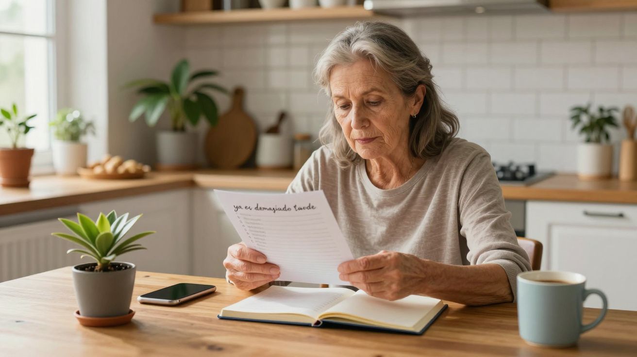 Mujer mayor leyendo un documento sentada a una mesa de cocina. Hay una planta, un móvil y una taza sobre la mesa.