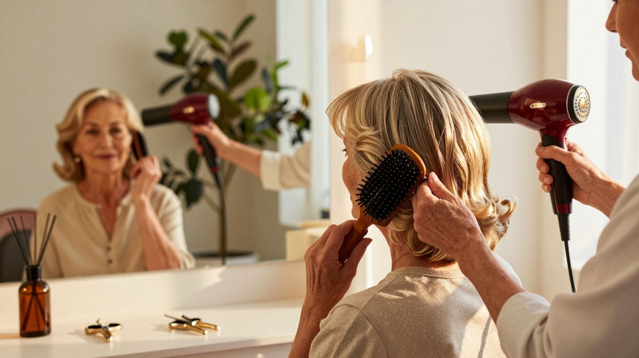 Mujer mayor en salón de belleza mirando al espejo mientras un estilista le seca el pelo con un secador y un cepillo.