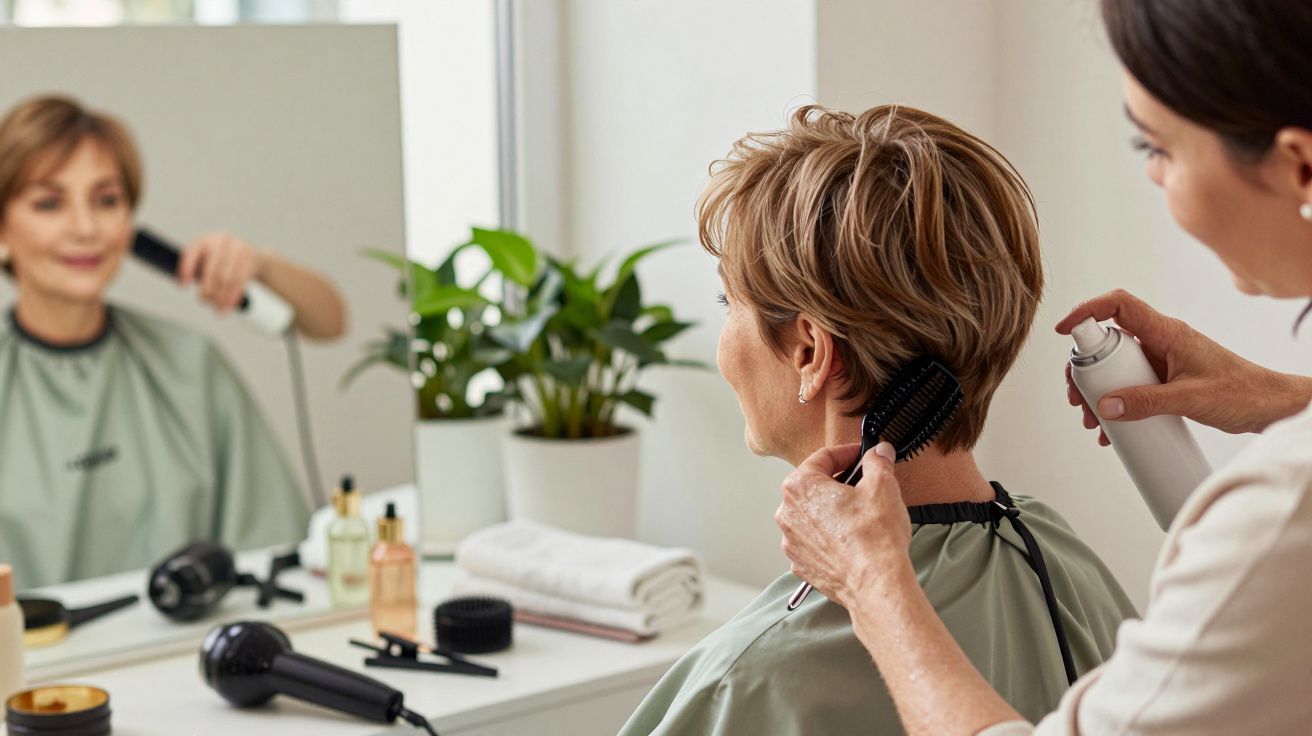 Mujer en una peluquería, estilista aplicando spray en el cabello mientras se mira en el espejo.