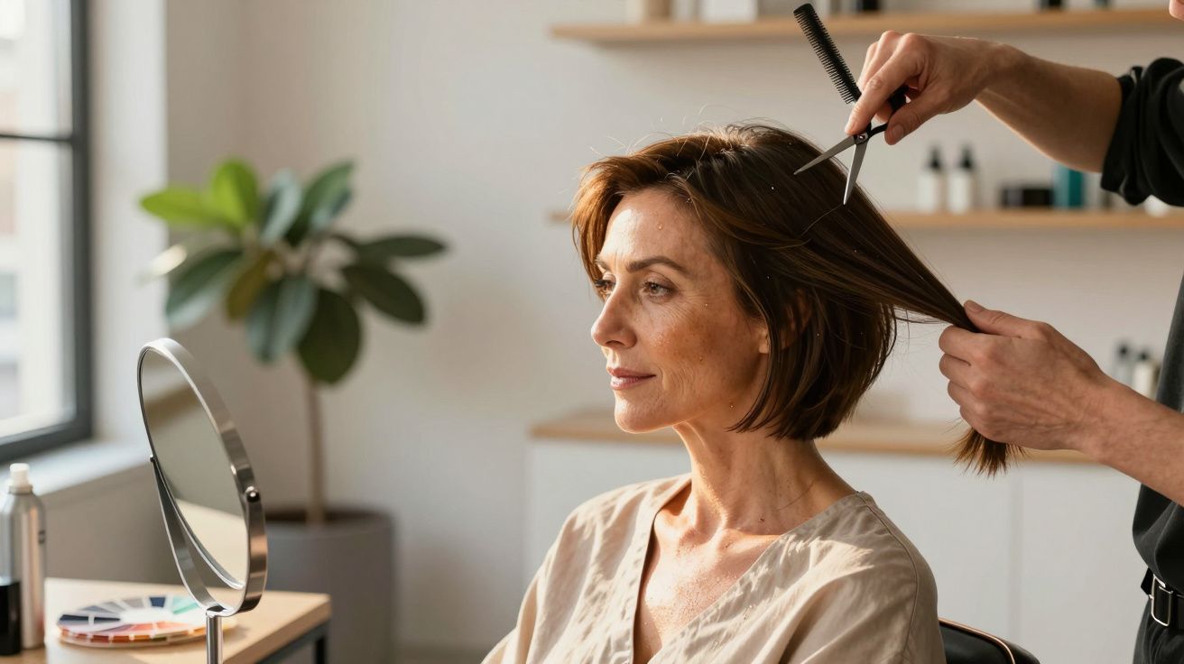Mujer en salón de peluquería recortándose el cabello corto frente a un espejo, con fondo de plantas y estanterías.