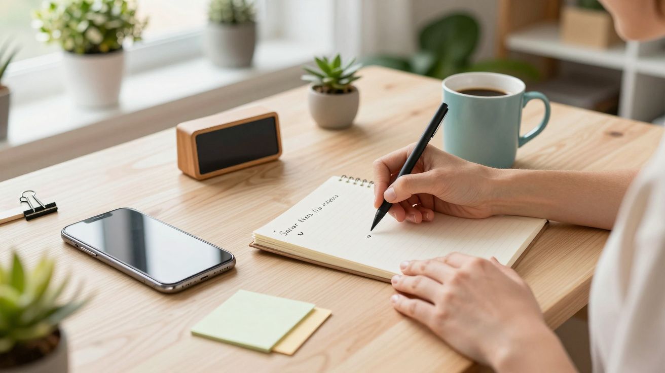 Mano escribiendo en un cuaderno sobre escritorio con móvil, tazas y plantas pequeñas.