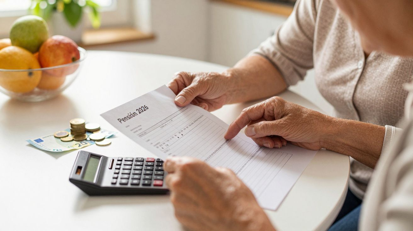 Persona mayor revisando documentos de pensión con una calculadora en la mesa junto a un plato de frutas y billetes.