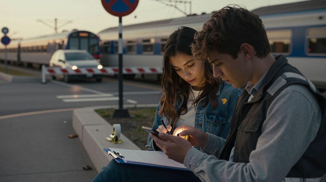 Jóvenes sentados en un banco revisan un teléfono y una libreta frente a un tren en movimiento en la estación.