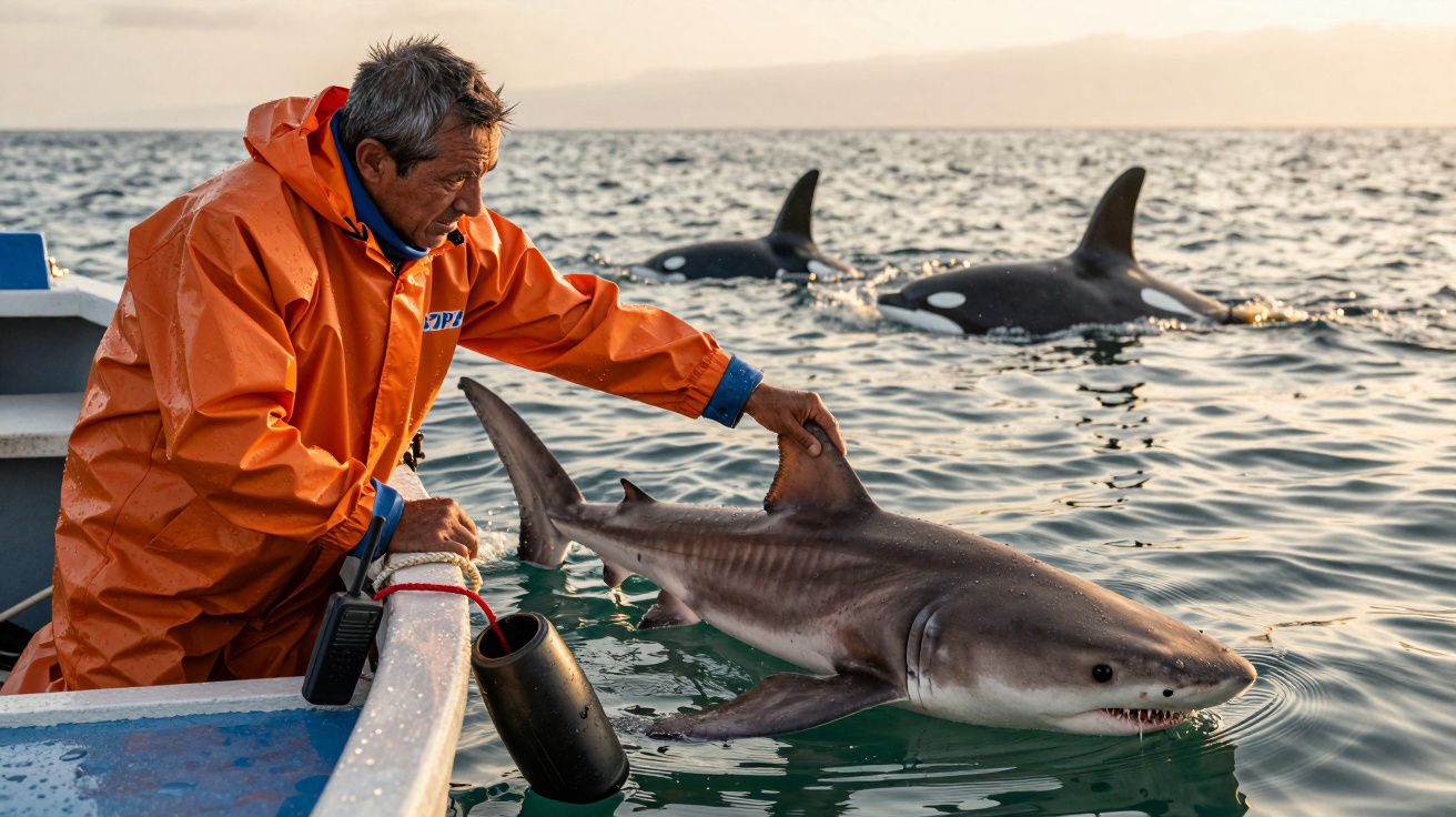 Hombre en barco acaricia un tiburón en el mar; dos orcas nadan cerca al amanecer.