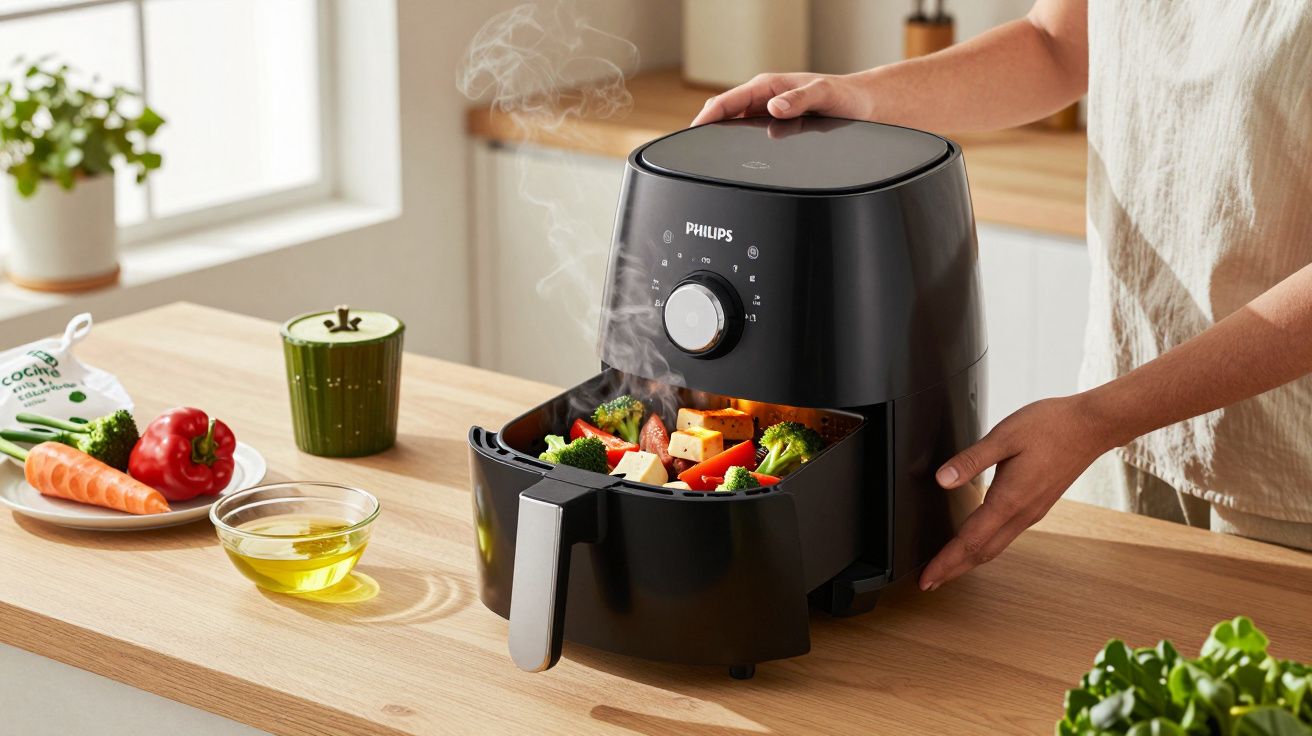 Freidora de aire cocinando verduras en una cocina luminosa, con una persona controlando el aparato desde el lateral.