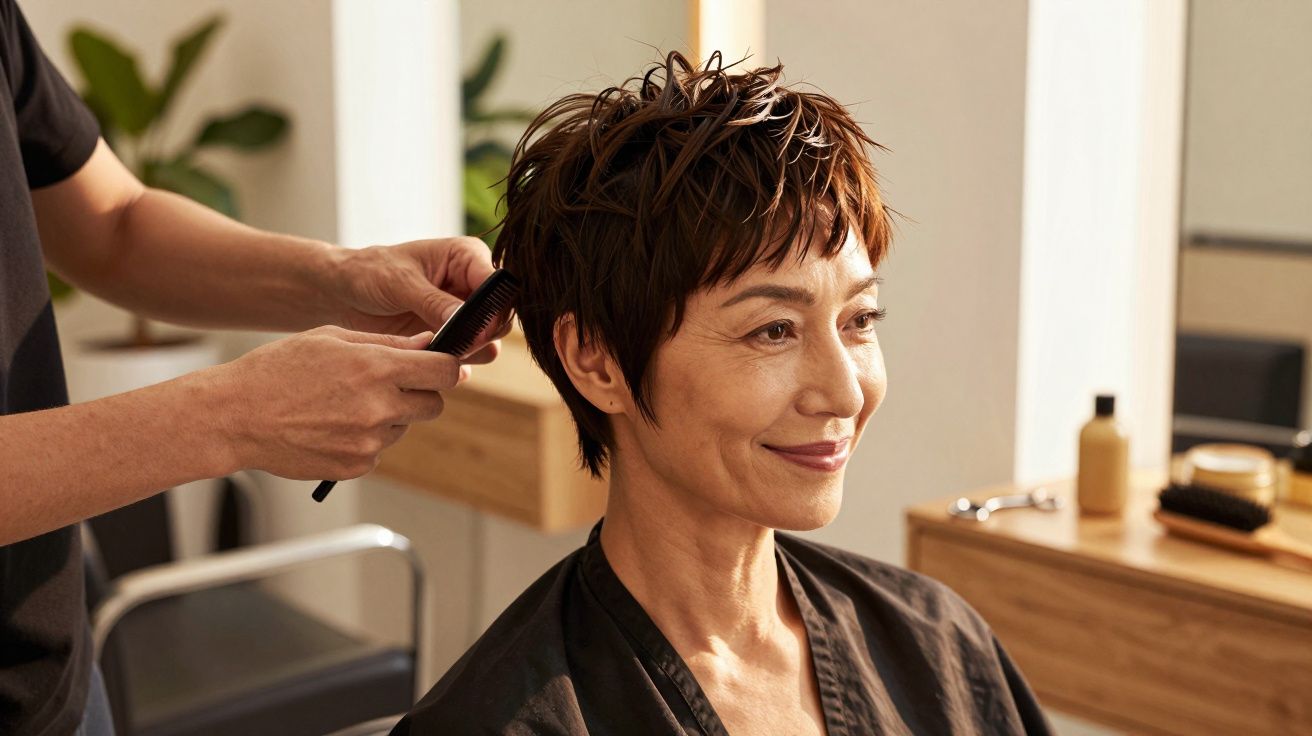 Mujer sonriente con corte de pelo corto siendo peinada en una peluquería luminosa.